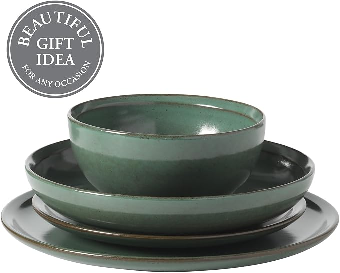 Gibson Elite Beckett Stoneware Matte Reactive Glaze 16 Piece (Service for 4) Plates and Bowls Dinnerware Set - Green