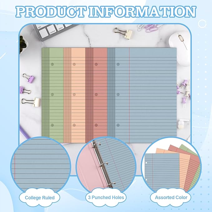 200 Sheets Half Letter Lined Paper 5.5 X 8.5 In Colored Notebook Paper College Ruled Loose Leaf Paper 3 Hole Punched Half Mini Binder Inserts Fit 3 Ring Binder for School Office