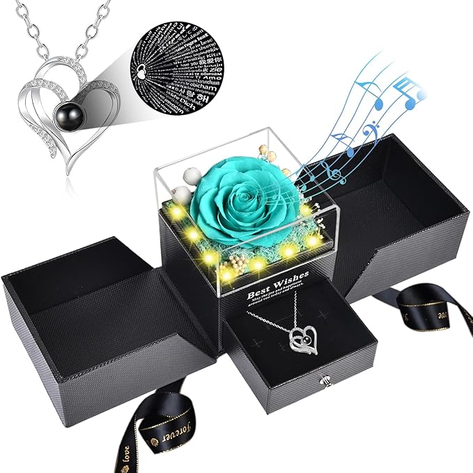 Christmas Birthday Gifts for Women - Preserved Real Rose with I Love You Heart 100-Language Necklace, LED Lights & Music Gift Box, Christmas for Women Girlfriend Mom