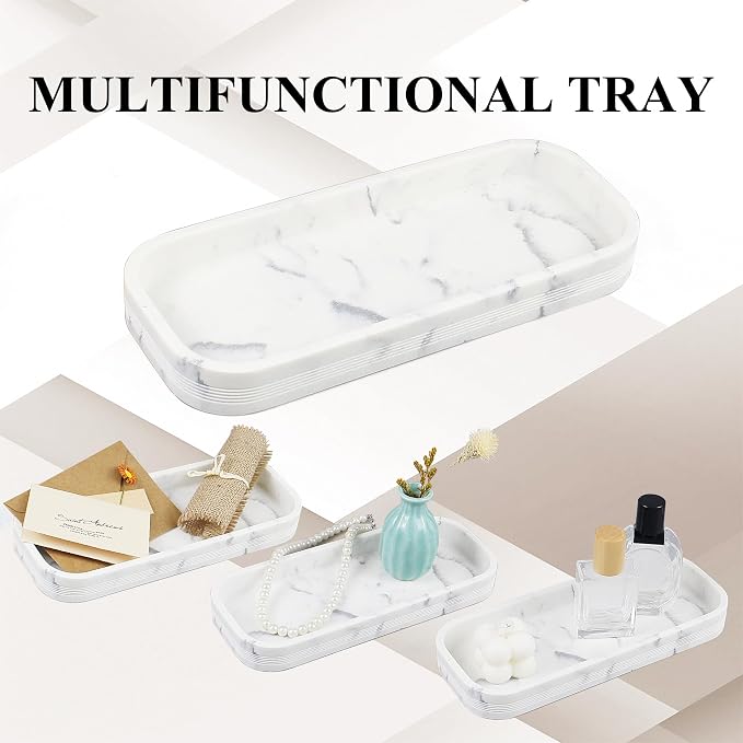 LIN CHUAN 6-Piece Bathroom Accessories Set, Organizer Set with Soap Dispenser, Toothbrush Holder Set, Vanity Tray, Tumbler & 2 Cotton Swab Jars – Modern Stylish Bathroom Storage(Marble White)