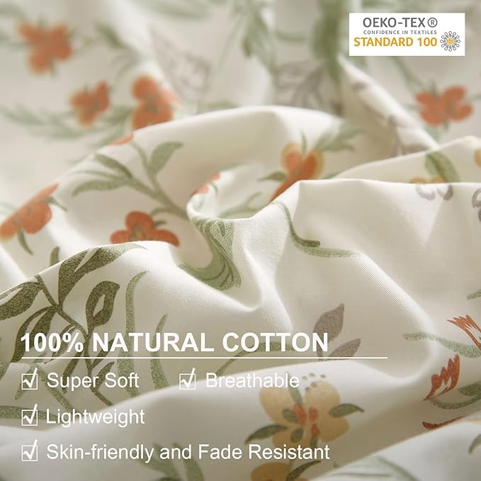 EAVD Vintage Floral Duvet Cover Queen Size White Soft 100% Cotton 3-Piece Chic Coquette Bedding Set with 2 Pillowcases Garden Botanical Floral Comforter Cover with Zipper Closure