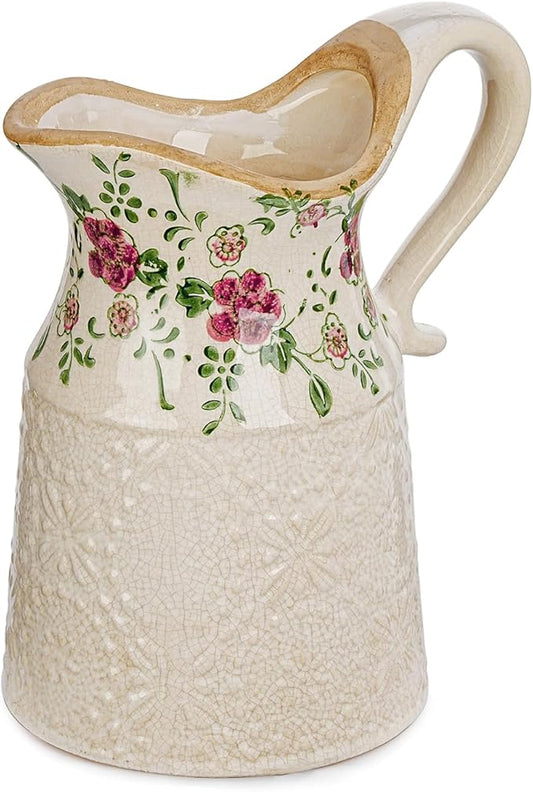 Sungmor Embossed Ceramic Pitcher Vase, Decorative Beige Farmhouse Ceramic Pitcher for Flowers, Vintage Textured Vase for Table, Kitchen & Home Decor, 9.2 Inch with Ice Crackle Glaze Finish