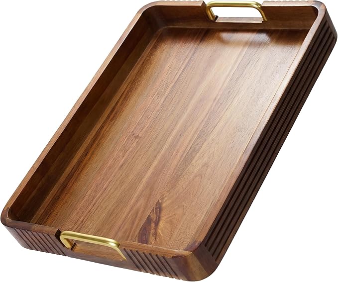 Acacia Wood Serving Tray with Metal Handles, 17x13in, Decorative Coffee Table Tray & Ottoman Tray, Anti-Slip Pads, Dark Wood Tray for Breakfast in Bed, Bar Tray, Gift Box