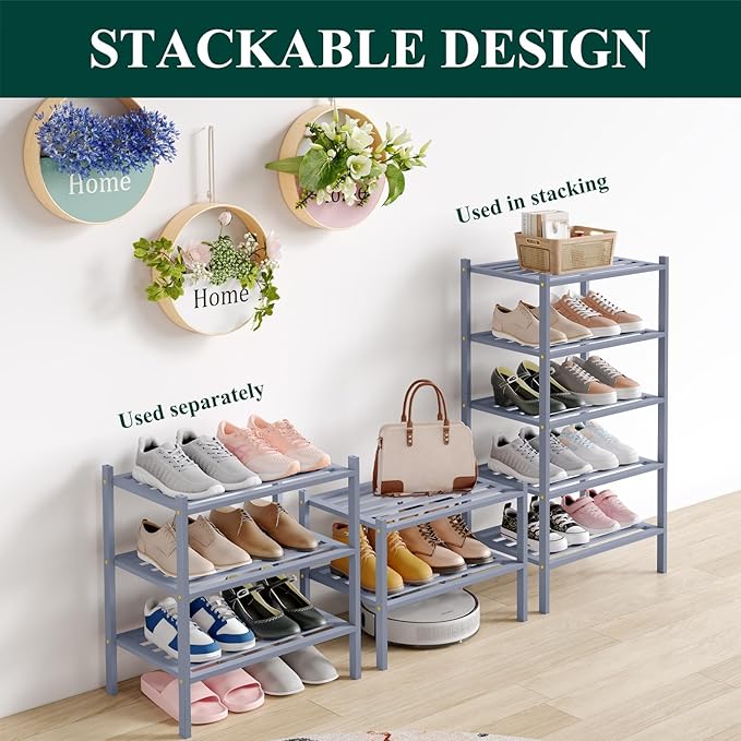 Smiry Small Bamboo Shoe Rack 5-Tier, Stackable Wooden Shoe Organizer for Entryway & Closet, Free Standing Wood Shoe Storage Shelf for Front Door & Small Spaces, Grey