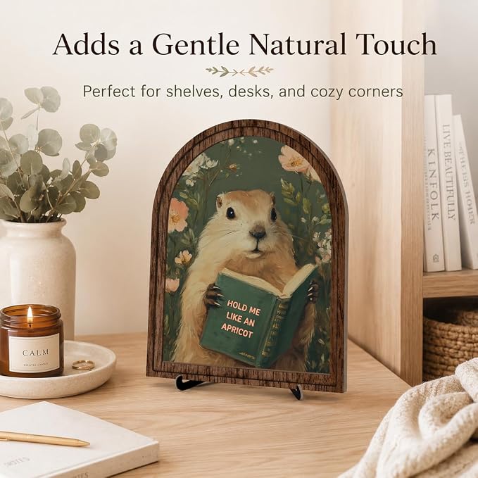 Wooden Tabletop Decor Funny Reading Groundhog Art for Library, Office or Study Decor, Literary Wall Art for Reading Lovers Gift Decor, Home Decorative Accent
