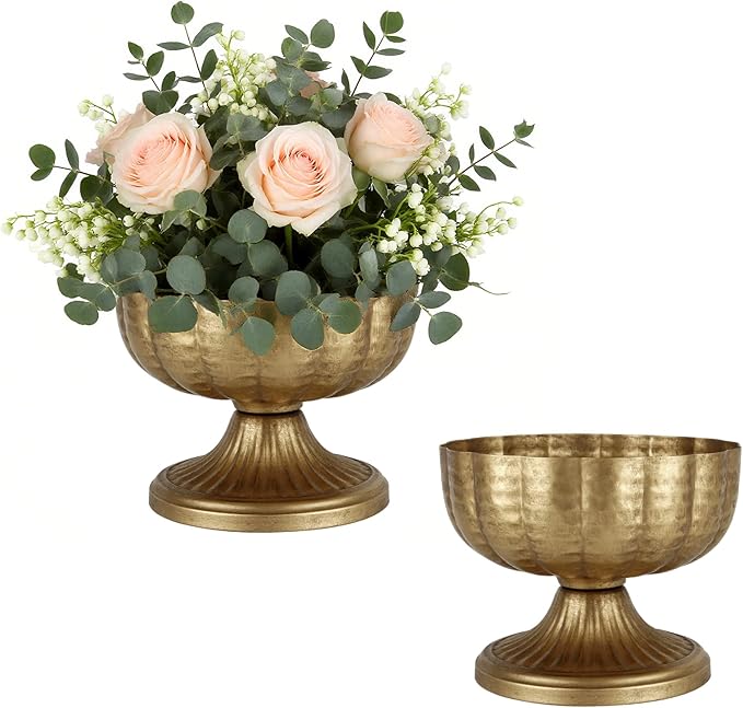 Retro Gold Vases for Centerpieces Set of 2 Brass Metal Vases for Flowers Decorative Pedestal Bowl for Table Centerpieces Floral Arrangments on Housewarming Wedding Party