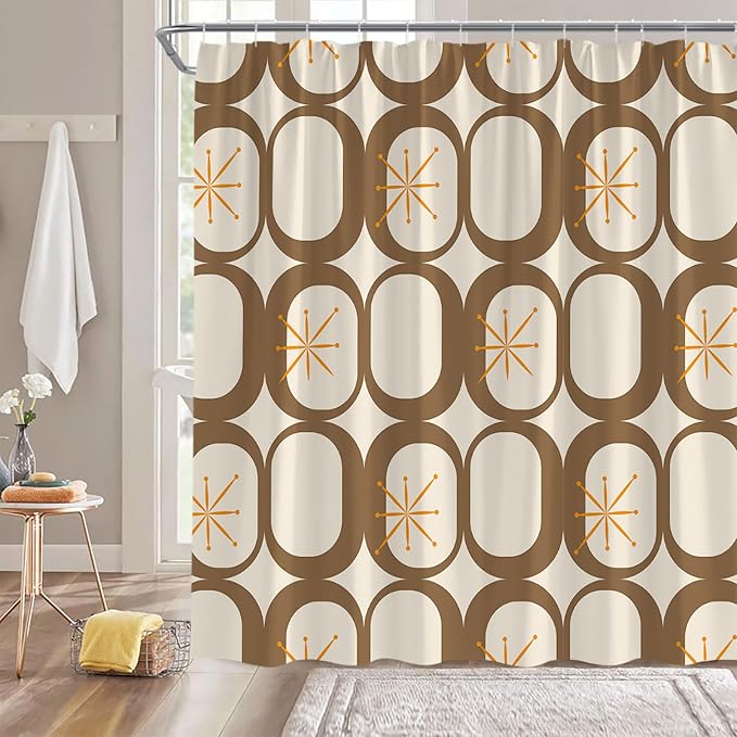 Mid Century Shower Curtain Modern Abstract Atomic Starbursts Squares Retro 50s Geometric Bathroom Decor Polyester Curtains with Hooks