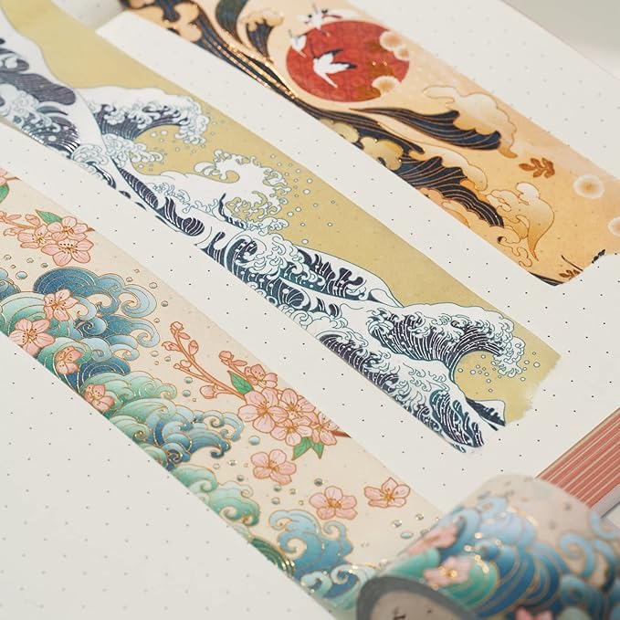 WT Waves of Rebun Washi Tape Set, 4 Rolls, Gold Foil, Decorative Masking Tape, Bujo Planner Supplies, DIY Crafts Tape, Adhesive Wrapping Tape, Paper Tape, Journaling Gifts