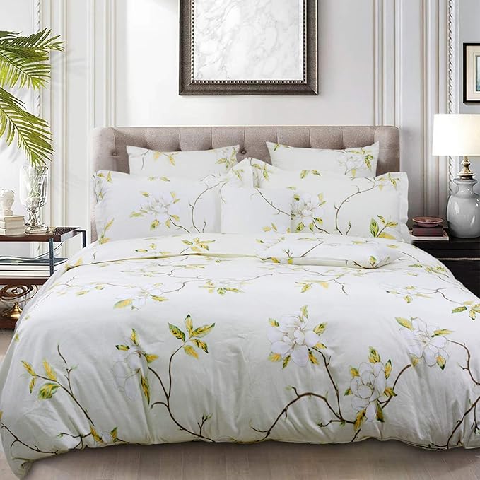 FADFAY White Floral Duvet Cover Set 100% Cotton Farmhouse Bedding with Hidden Zipper Closure 3 Pieces, 1duvet Cover & 2pillowcases,Twin Size