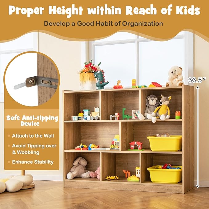 KOTEK Toy Storage Organizer, 8 Cubby Kids Bookshelf, Wooden 4-Tier Bookcase Storage Cabinet, Open Display Book Shelf for Daycare, Nursery, School Classroom, Playroom & Living Room (Natural, 8 Cubes)