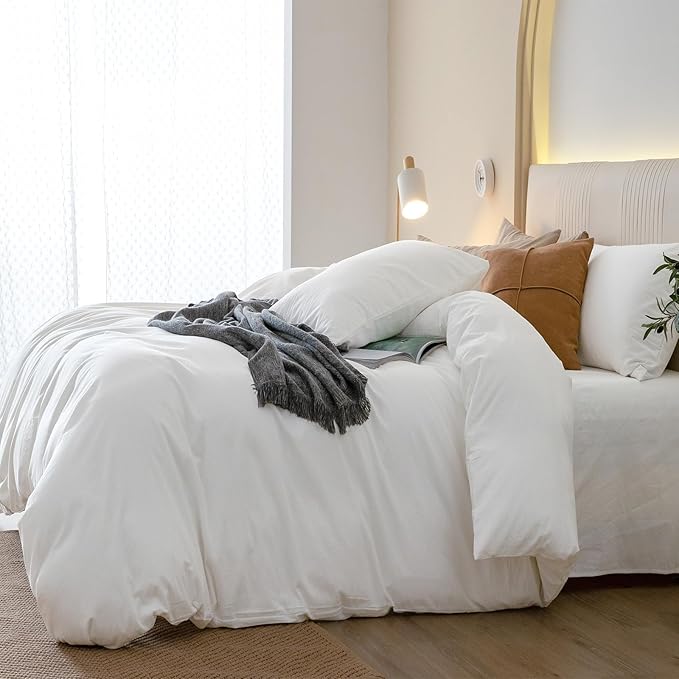JIYUAN 100% Washed Cotton Duvet Cover Set 3 Pieces Queen, 1 Duvet Cover 90x90 Inches(Comforter Not Included) and 2 Pillowcases,Linen Feel Bedding Set Comfy and Breathable,Bright White