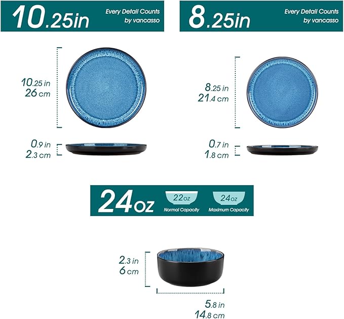 vancasso PLAYA Plates and Bowls Sets, 18 Pieces Blue Dinnerware Sets for Kitchen, Reactive Glaze Dishes Set for 6, Dishwasher and Microwave Safe
