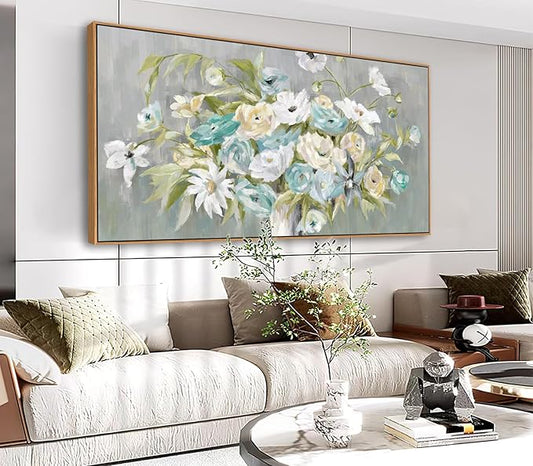 VEAEE Floral Wall Art - Float Framed Abstract Flowers Canvas Pictures Living Room Wall Decor Modern Landscape Painting Botanical Grass Artwork for Bedroom Bathroom Kitchen Office Decor 20"x 40"