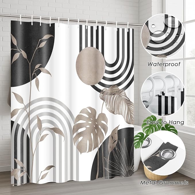 Boho Grey Shower Curtain Set with Toilet Lid Cover and Non-Slip Rugs, Abstract Leaf Minimalist Neutral 4 Pcs Modern Minimalist Vintage Shower Curtain for Bathroom Set with 12 Hooks
