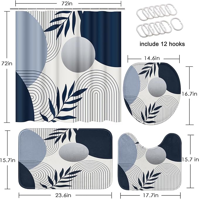 Boho Navy Blue and Grey Shower Curtain Set with Toilet Lid Cover and Non-Slip Rugs, Modern Minimalist Geometric Mid Century Abstract Leaf 4 Pcs Shower Curtain for Bathroom Set with 12 Hooks
