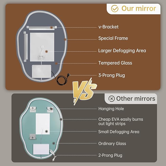 LOVESPEJO Irregular Backlit Mirror Bathroom 25x35 Inch, Asymmetrical LED Bathroom Mirror with Lights, Fogless, Dimmable, 3 Color Changing, Horizontal/Vertical