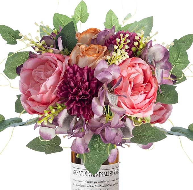 ASTRYAS 2Pcs Peonies Artificial Flowers Faux Peonies Fake Roses Bouquet Floral Arrangement for Spring Summer Centerpiece Table Wedding Party Home Decor, Purple Pink