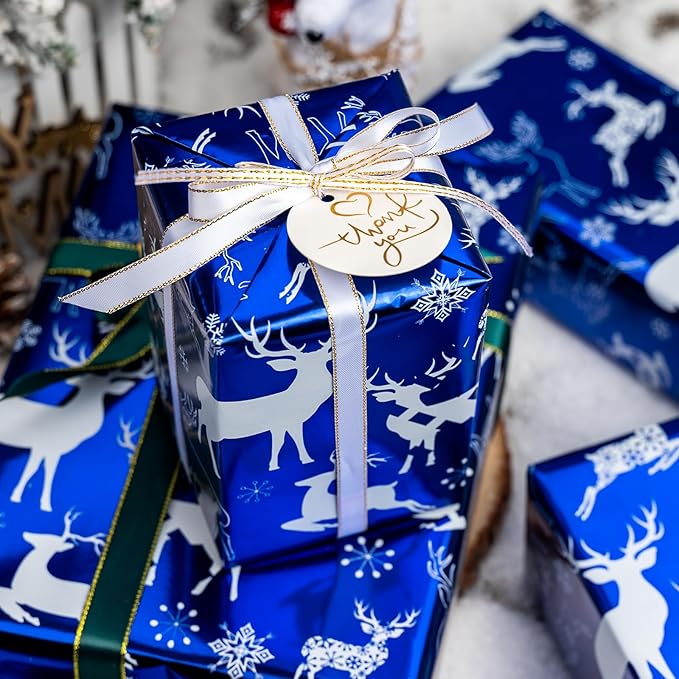 MAYPLUSS Christmas Wrapping Paper Roll - Mini Roll - 17.3 Inch X 32.8 Feet - Christmas Blue Elk Design (47.3 sq.ft.ttl)