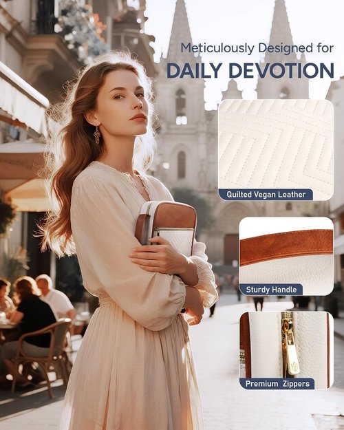 BellaHold Quilted Vegan Leather Bible Cover - Stylish Color-Blocked Case for Women | Large Size (White & Brown)