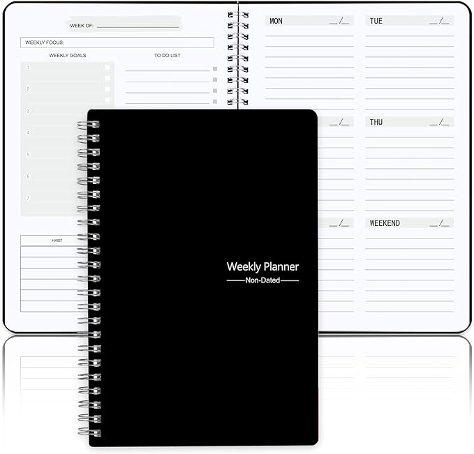 Undated Weekly Planner, Weekly Goals Notebook, A5 To Do List Planner, Habit Tracker Journal with Spiral Binding, 5.7 x 8.0 in, Black