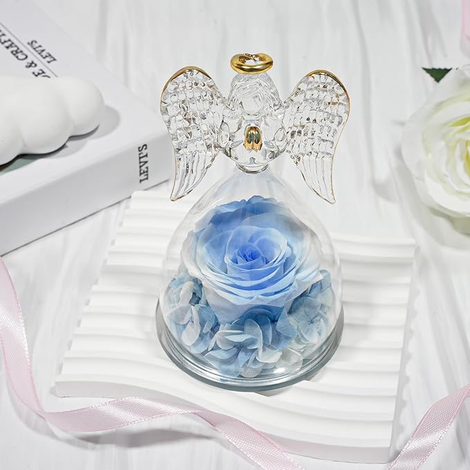Sunia Preserved Flower Rose Gift for Women - Mother's Day Birthday Gifts for Mom Wife Grandma, Glass Angel Figurines Forever Real Roses Gifts for Her Valentine Day Thanksgiving﻿ (White Blue)