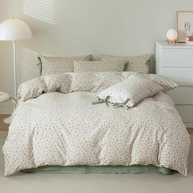 HighBuy Soft Cotton Duvet Cover Queen Girl Floral Coquette Bedding Set Boho Duvet Cover Queen with 2 Bowknot Bow Tie Pillowcases,Garden Floral Comforter Cover Coquette 3 Piece Bedding Set