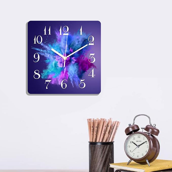 Wooden Wall Clock Silent Non-Ticking ,Purple Blue Pink Gradient Color Abstract Watercolor Wooden Square Rustic Coastal Wall Clock Decor for Home Kitchen Living Room Office, Battery Operated(12 Inch)