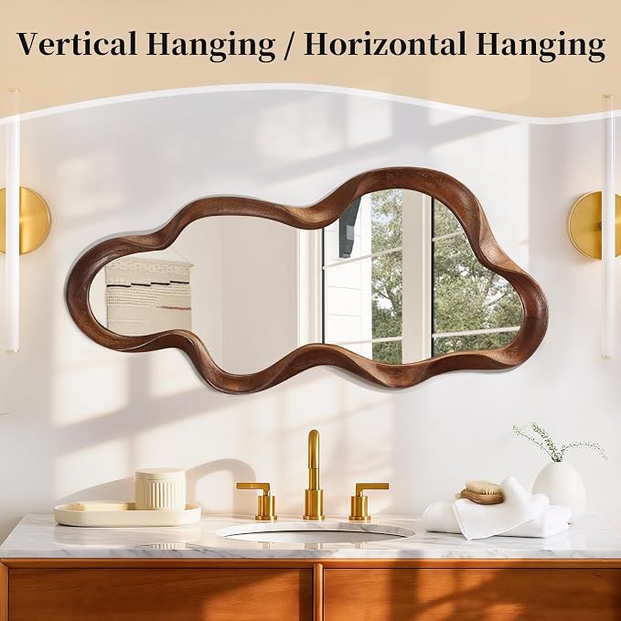 Asymmetrical Mirror Large Irregular Wall Mirror Modern Wood Frame Unique Artistic Mirrors Cute and Stylish Cloud Wavy Mirrors Decorative for Cloakroom Bedroom Living Room Bathroom Entryway 30"x14"
