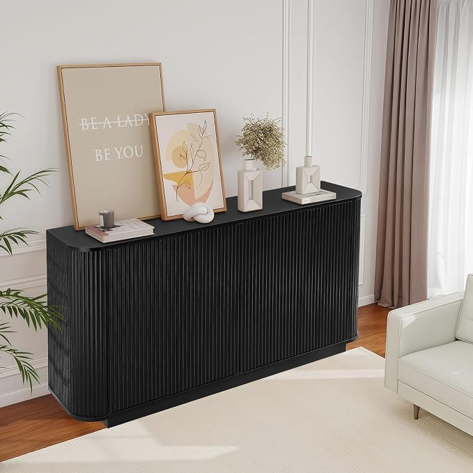 64" Sideboard Buffet Cabinet with Storage, Modern Fluted Accent Credenza with Adjustable Shelves, Wood Media Console Coffee Bar Table for Living Room Kitchen Dining Room, 31.5" H, Black