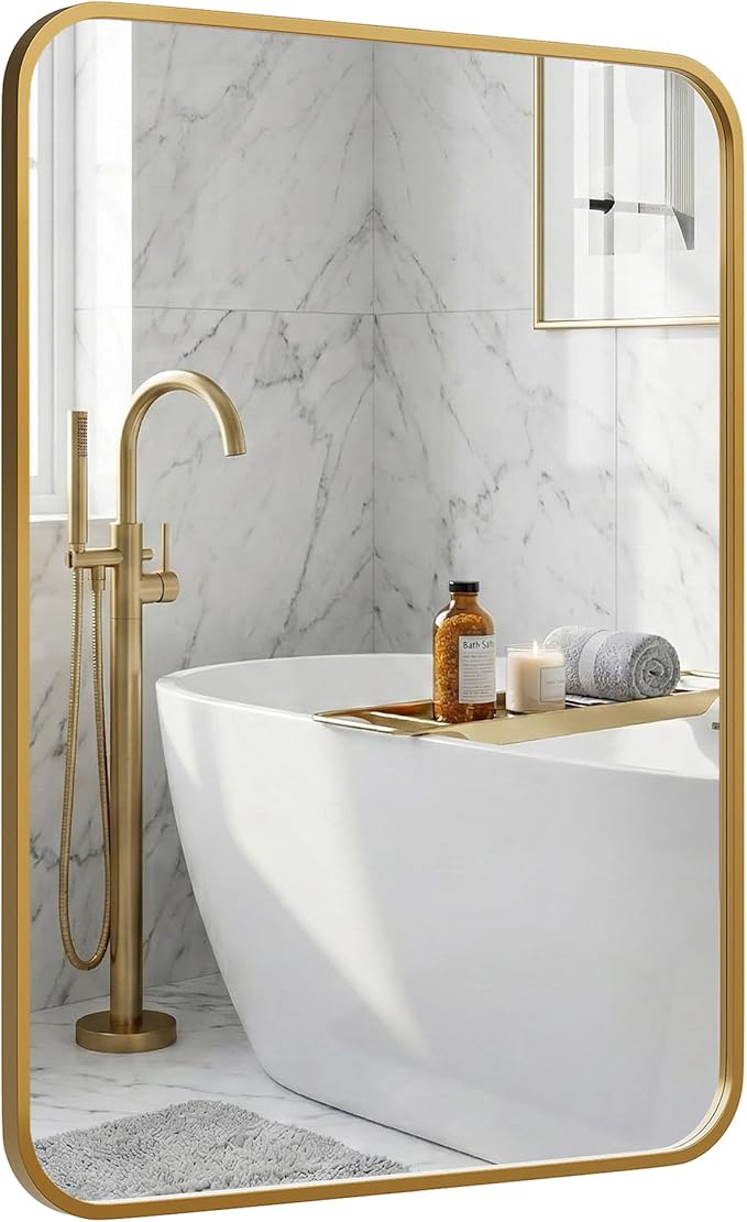24x36 Inch Matte Gold Bathroom Vanity Mirrors | Flush Mount Deep Set Metal Wall Mirror for Over Sink | HD Shatterproof Glass, Rustproof | 1 Pack