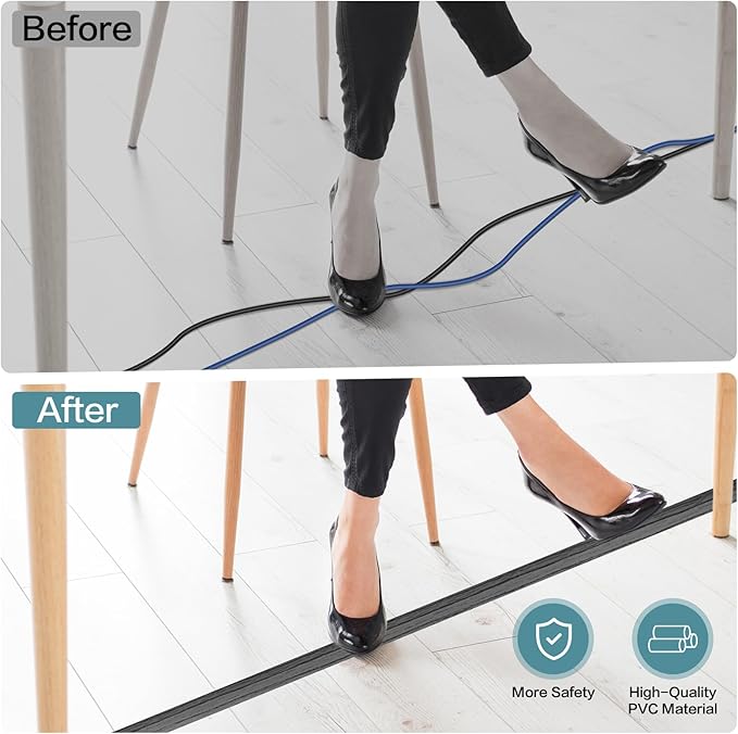 Floor Cord Cover Self Adhesive Cord Hider Floor Extension Cord Covers for Floor Power Cord Protector Cable Management Prevent Cable Trips Cable Cavity 0.51" W x 0.31" H (Deep Grey Wood, 10Ft)