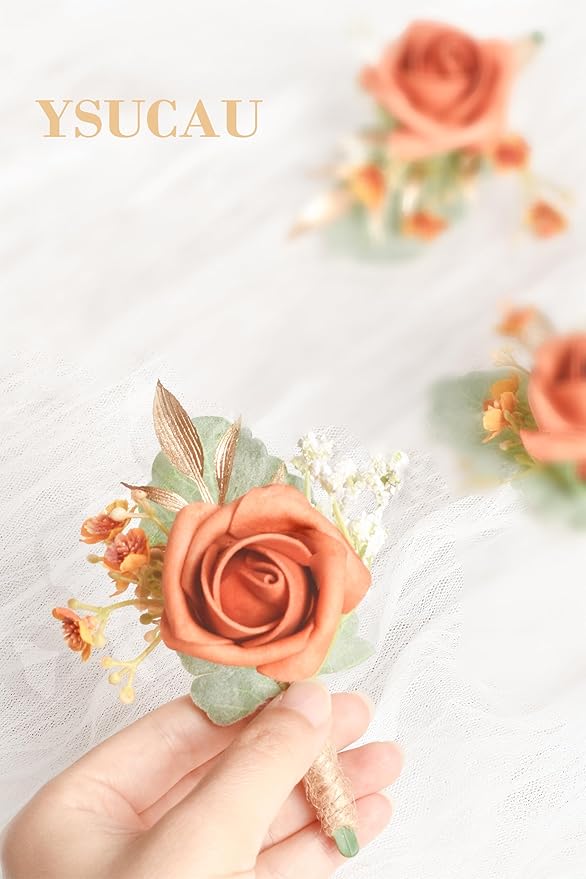 Burnt Orange Boutonnieres for Men Wedding, Set of 10, Groom and Groomsmen Boutonniere for Rustic Fall Vintage Wedding, Prom, Ceremony Formal Dinner Party