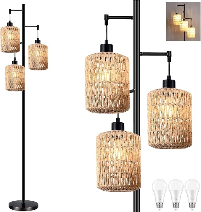 QIYIZM Floor Lamp for Living Room,Bedroom,3-Lights Boho Rattan Tree Floor Lights,Industrial Black Farmhouse Standing Lamp Wicker Rustic Tall Lamp,Woven Bamboo LampShade Floor Lamps Bohemian