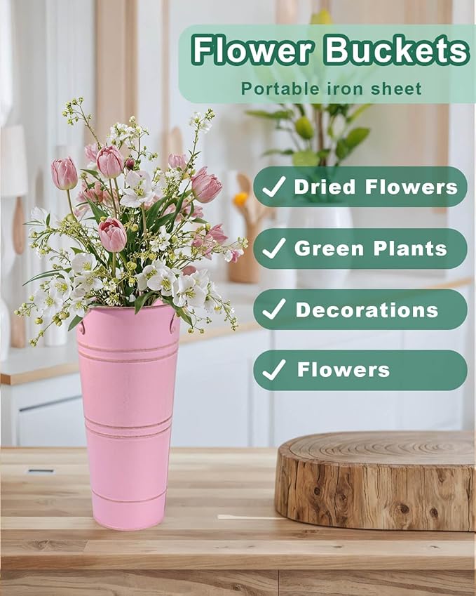 9 Inch Galvanized Metal Vases for Flowers - 2 Pcs Farmhouse Decorative Tall Flower Bucket with Handles, Rustic French Tin Planter Buckets for Wedding Decor (Pink)