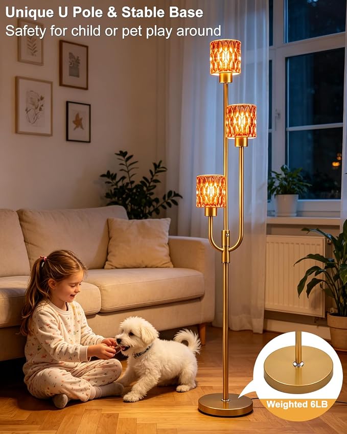 66IN Glass Floor Lamp 3-Lights Modern Gold Dimmable Floor Lamps with 3000K Warm White Bulbs for Wedding Party Modern Tall Standing Lamp with Deep Red Glass Shade for Living Room/Bedroom/Home Decor