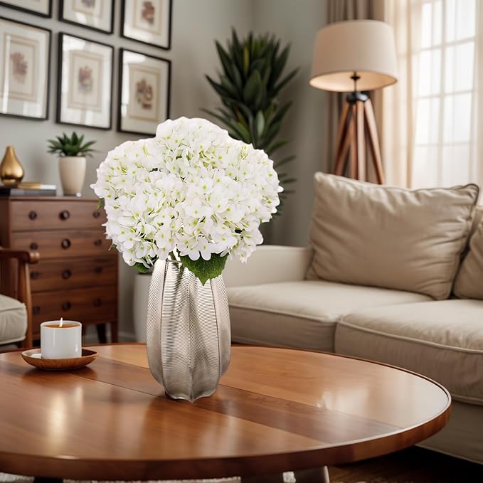 Kimura's Cabin 5Pcs 21inch Real Touch White Hydrangeas Flowers Realistic Hydrangea Artificial Flower with Stem Bouquet for Wedding Birthday Party Home Interior Dining Table Centre Decoration (White)