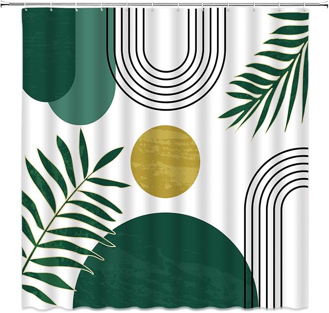 Mid Century Modern Shower Curtain Boho Green Abstract Retro Aesthetic Fabric for Bathroom Decor Bathtub with Hooks (70" WX70 H)