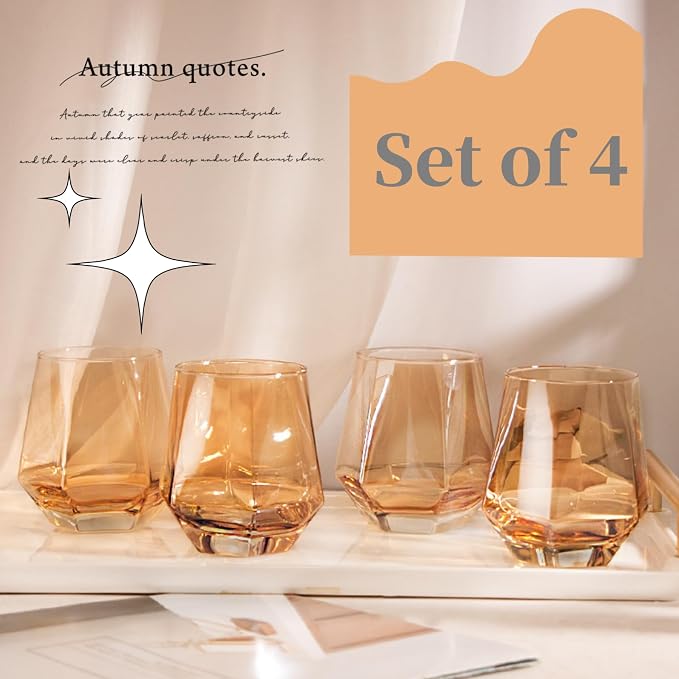 Wine Glasses Set Of 4,Stemless Diamond Shape 10 Oz Amber Christmas Glassware Dishwasher Safe, Spill-Proof Design For Red Wine, Cocktail, Whiskey, Bourbon, for Wine Lovers (Amber)