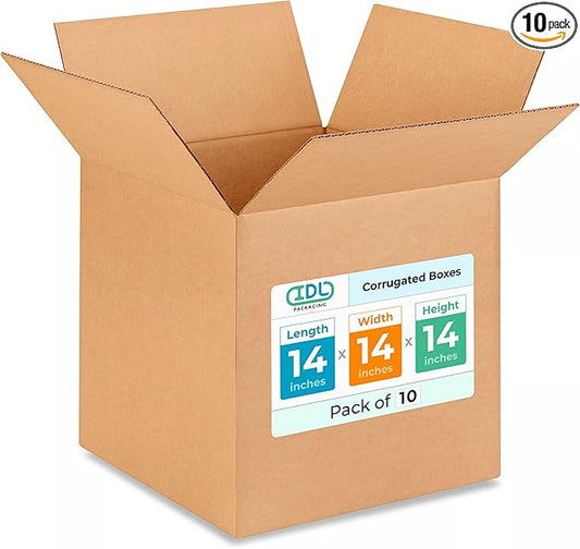 Medium Cube Moving & Shipping Boxes 14x14x14 inches (10-Pack) - Extra Strength 200 lb vs Regular - Corrugated Strong Packaging Boxes - Cardboard Box for Shipping - Medium Box by IDL Packaging