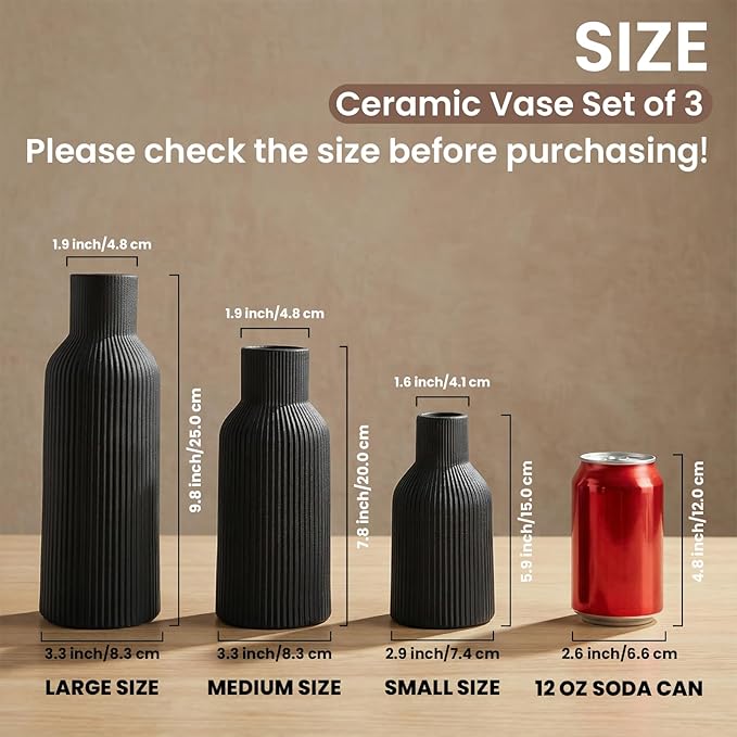 Black Ceramic Vases Set of 3, Black Ribbed Decorative Vases - Table Centerpieces for Wedding, Living Room, Office & Shelf Decor