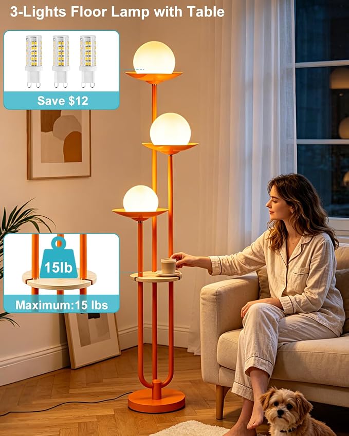 63IN Globe Floor Lamp with Shelf 3-Lights Modern Dimmable Orange Floor Lamps with 3000K Soft Warm White Bulbs for Wedding/Party, Tall Standing Lamp with 5Lbs Heavy Base for Living Room/Bedroom
