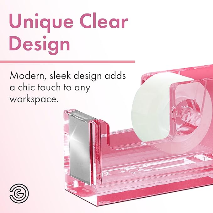 OfficeGoods Acrylic Tape Dispenser – Modern Desk Organizer for Office Supplies – Heavy Duty Refillable Tape Holder for Home and School Crafting – Stylish Desktop Accessory for Gift Wrapping, Pink