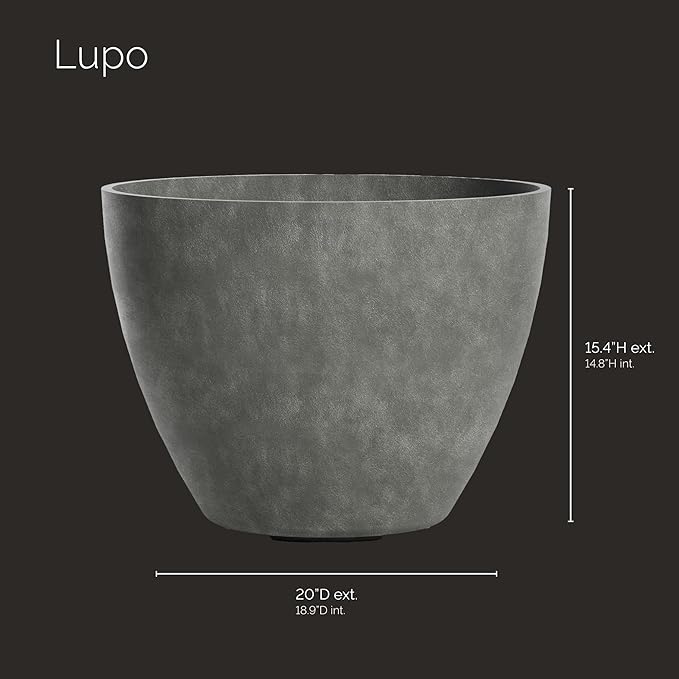 Lupo Tapered Planter – Grey Stone Finish – Fiberglass Indoor/Outdoor and Weather-Resistant Medium Planter (20" D x 15.4" H Exterior, 18.9" D x 14.8" H Interior)