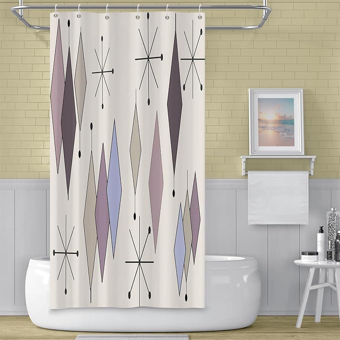 Mid Century Shower Curtain Abstract Purple Diamond Geometric Atomic Starburst Pattern Beige Backdrop for 1950s Retro Bathroom Decor Accessories Shower Curtain Set with 12 Hooks, 36x72 Inches