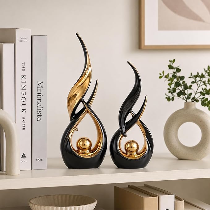 2 PCS Black Gold Ceramic Statues For Home Decor Accents, Modern Abstract Art Sculptures, Elegant Tabletop Decorative Objects For Dining Room, Entryway, Tv Stand, Mantel, Coffee Table Centerpieces