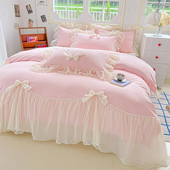 Girls Lace Bedding,Pink Full Comforter Cover Set, Chic Ruffled Duvet Cover with Lovely Bow,Princess Style 1 Duvet Cover with 2 Pillowcases, No Comforter-Pink,Full Size