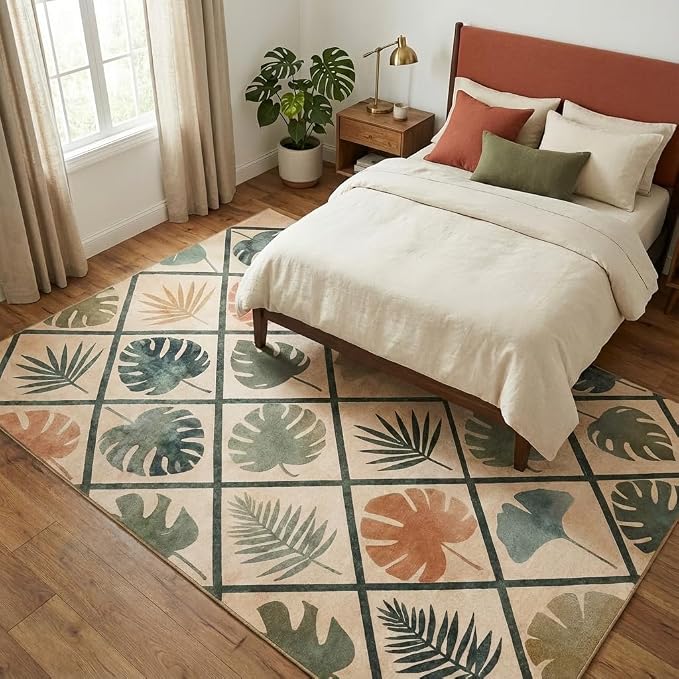 5x7 Area Rug for Living Room，Sage Green Modern Abstract Diamond Leaf Rug Non-Slip Washable Bedroom Dining Room