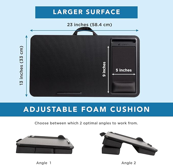 LAPGEAR Extra Large Adjustable Lap Desk – Fits Laptops up to 17.3”, Adjustable Cushion, Memory Foam Wrist Rest, Mouse Pad, Device Ledge, & Phone Slot – Black Carbon - Style No. 88108