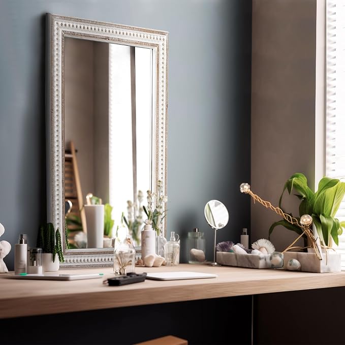 35x23 Inch Boho Wooden Rectangle Mirror for Bathroom, Rustic Farmhouse Decorative Wall Mirrors for Bedroom, Living Room, Entryway - Vertical or Horizontal Hanging