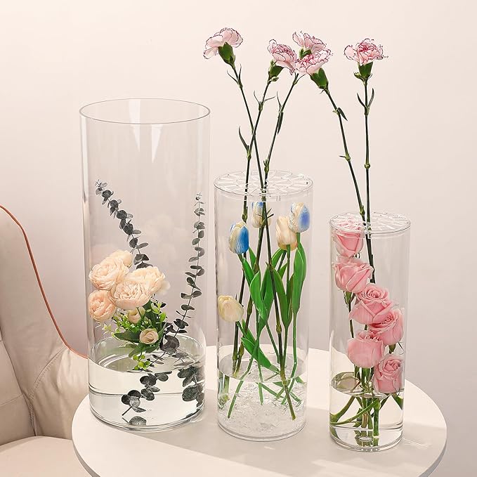 Extra Large Acrylic Cylinder Clear Vase for Floor, 20 in Tall Big Wide Mouth Plastic Unbreakable Hurricane Flower Vases of 3 for Home Decor (D 8", D 6", D 4.8" + 3 Holder)